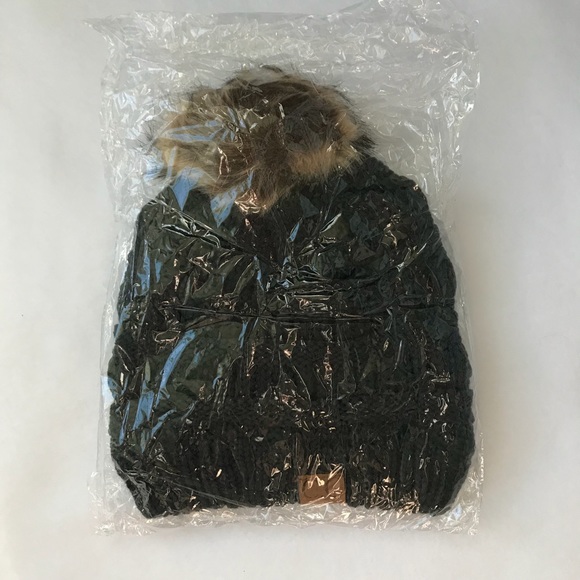 C.C Dark Grey Cable Knit Beanie Faux Fur Pom Pom - Picture 4 of 4